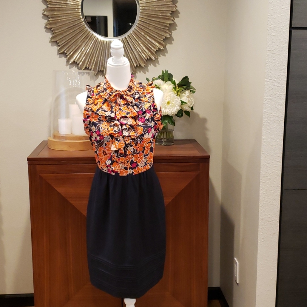 Anthropologie Floral Ruffle Bodice Midi Dress in Orange & Navy